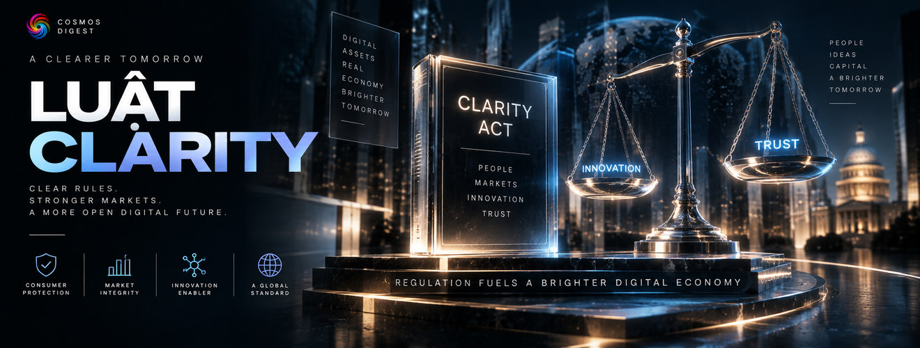 The CLARITY Act, headlined 'Luật Clarity': a glass rulebook beside scales weighing innovation against trust, the US Capitol behind.