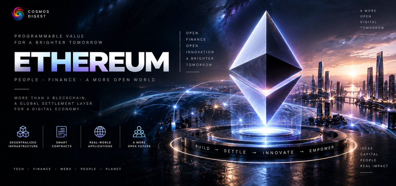 Ethereum: the diamond logo glowing over a city at dusk, described as a global settlement layer for a digital economy.
