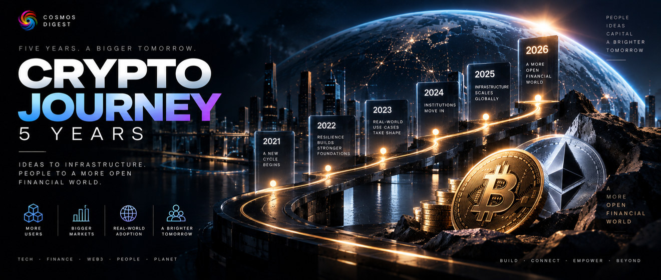 Crypto journey, five years: a lit path through milestones from 2021 to 2026, Bitcoin and Ethereum coins in the foreground.