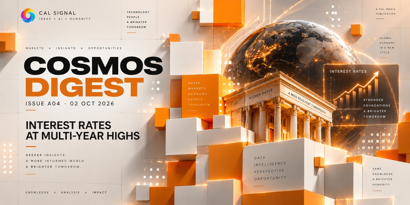 Cosmos Digest issue A04, 02 October 2026: interest rates at multi-year highs, shown as a classical bank building and a rising rate chart before a globe.