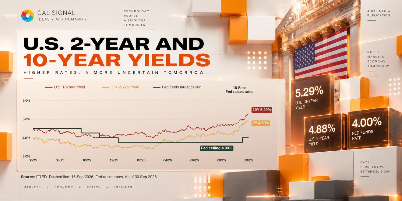 Cosmos Digest A04: US 2-year and 10-year Treasury yields against the Fed funds ceiling since June 2025. The 10-year yield reaches 5.29%, the 2-year 4.88% and the Fed ceiling is 4.00% after the 16 September rate rise. Source: FRED, as of 30 September 2026.