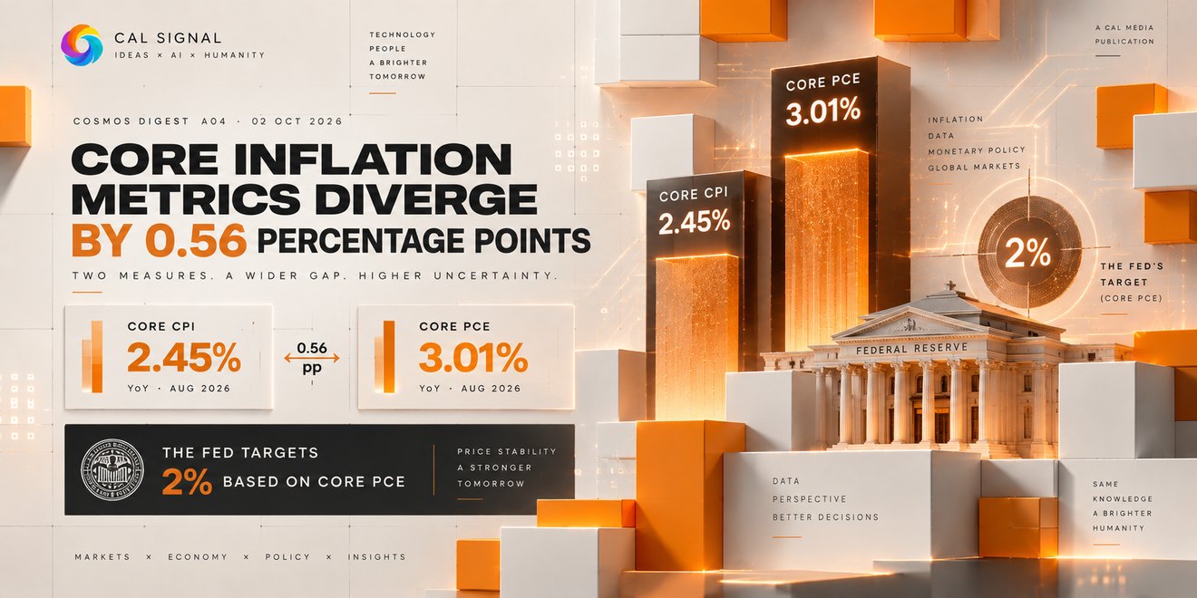 Cosmos Digest A04: core inflation metrics diverge by 0.56 percentage points. Core CPI 2.45% and core PCE 3.01% year on year, August 2026. The Fed targets 2% based on core PCE.