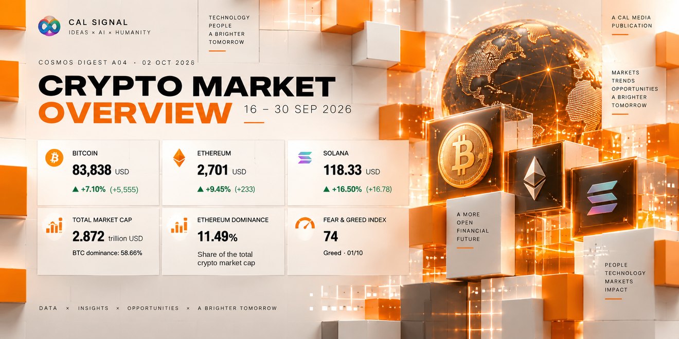 Cosmos Digest A04, crypto market overview, 16 to 30 September 2026: Bitcoin $83,838 (+7.10%), Ethereum $2,701 (+9.45%), Solana $118.33 (+16.50%), total market capitalisation $2.872 trillion with Bitcoin dominance 58.66%, Ethereum dominance 11.49%, Fear and Greed Index 74 (Greed) on 01/10.