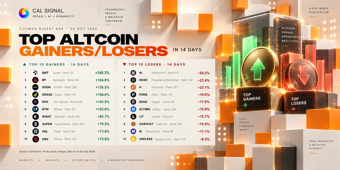 Cosmos Digest A04: top 10 altcoin gainers and losers over 14 days, as of 30 September 2026. Gainers led by Quant +340.3%, Backpack +166.8% and SOON +136.5%; losers led by Artificial Inu −54.2%, Provenance Blockchain −23.4% and Humanity −23.1%. Source: CoinGecko.