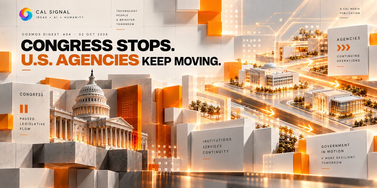 Congress stops, US agencies keep moving: the US Capitol beside a row of federal buildings with traffic still flowing.