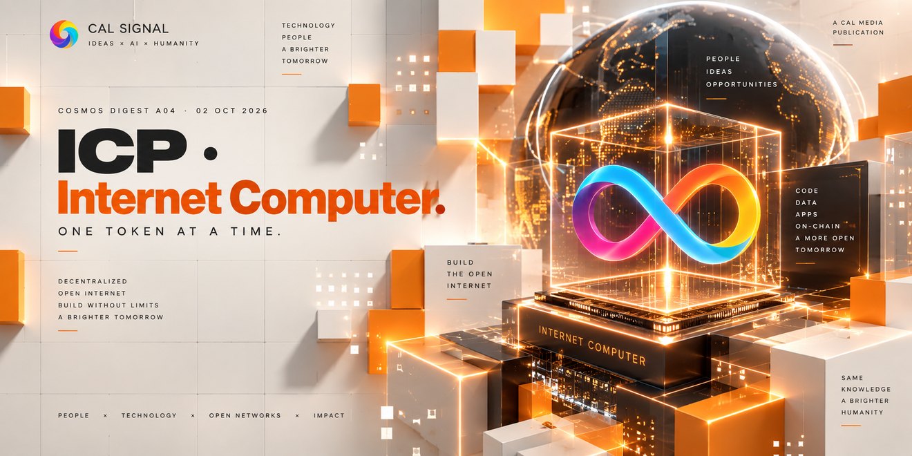 ICP, Internet Computer: the infinity-loop logo glowing inside a glass cube over a globe, captioned one token at a time.
