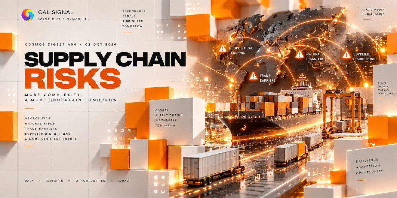 Supply chain risks: a container ship, port cranes and lorries under a world map marked with geopolitical tension, natural disasters, trade barriers and supplier disruption.