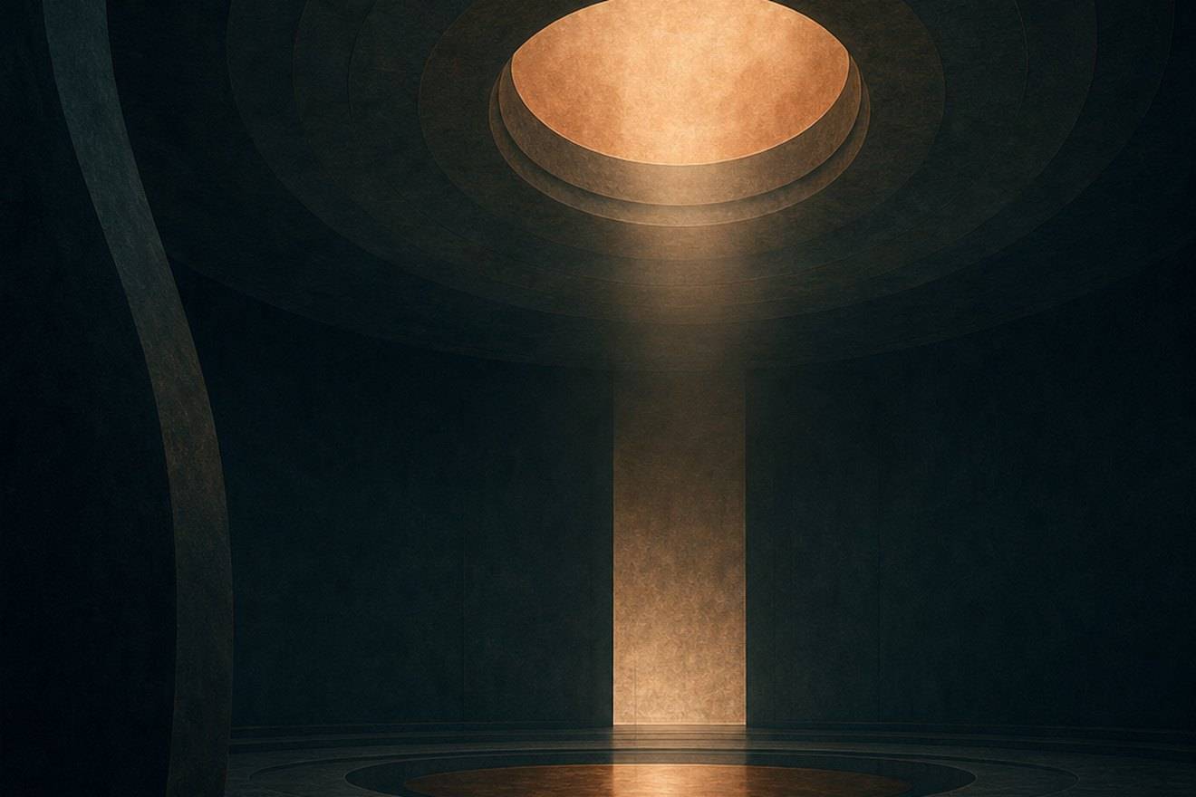 An aperture of warm light opening into a vast dark interior