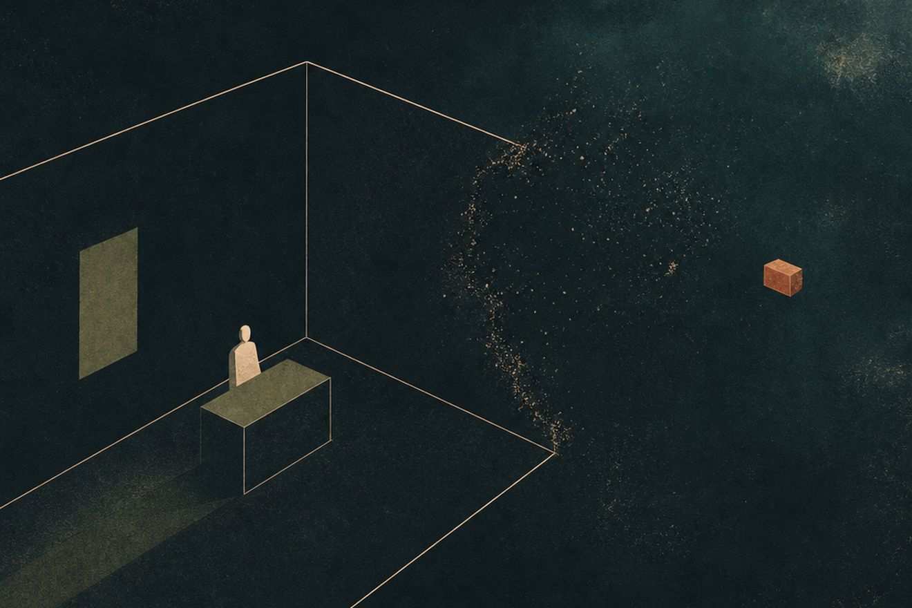 A room drawn in thin outlines with one wall left open, and a small form already outside it
