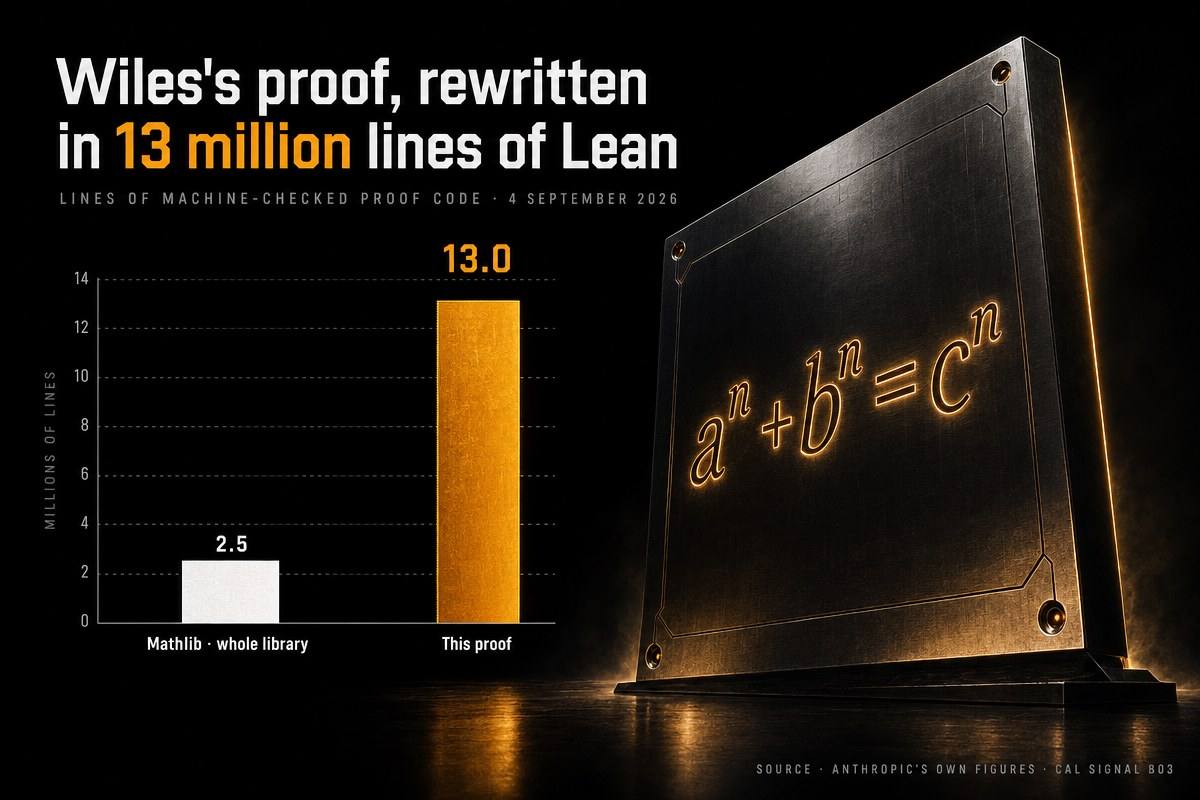 Bar chart: 13.0 million lines of Lean for this proof against 2.5 million for the whole Mathlib library, beside an engraved plaque reading a to the n plus b to the n equals c to the n