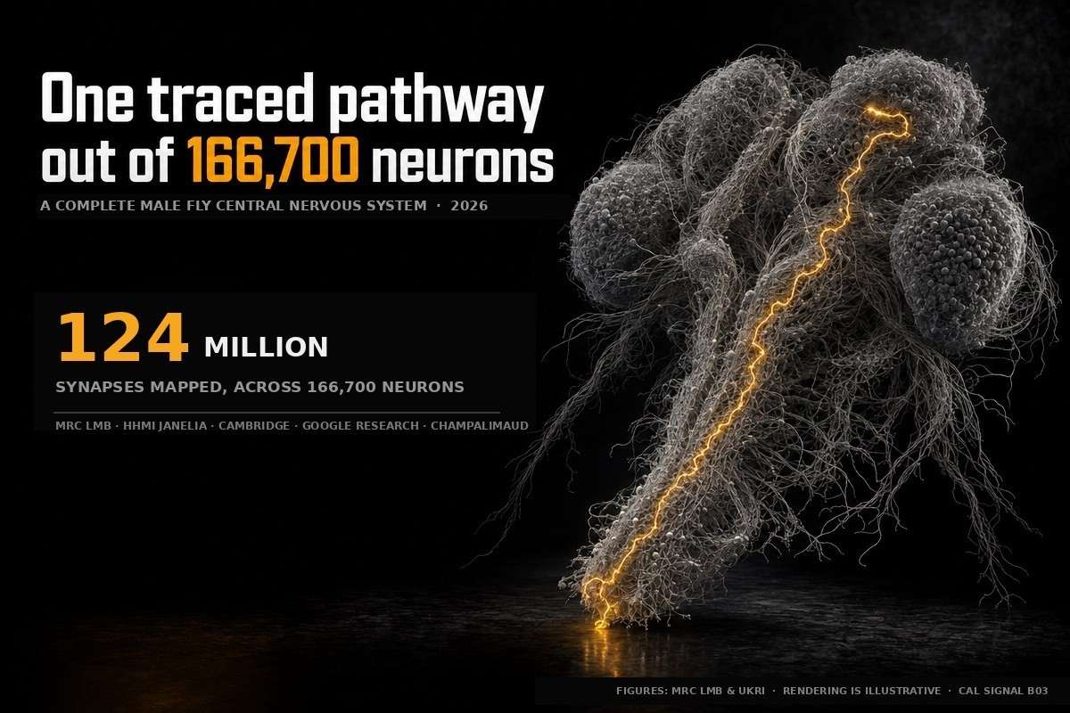 A dense tangle of pale filaments reconstructing a fly nervous system, one pathway traced in amber, beside a progress bar reading 40.1% verified at both ends, out of 166,700 neurons