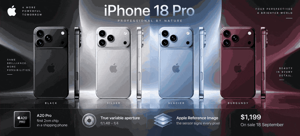 Two panels, six seconds each: the iPhone 18 Pro in black, silver, glacier and burgundy at $1,199 on sale 18 September; the folding iPhone Duo at $1,999 on sale 23 October