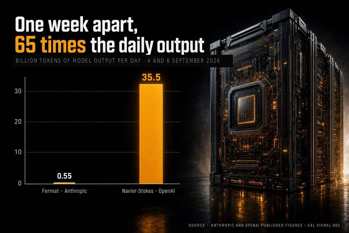 Bar chart: 0.55 billion output tokens a day for the Fermat run against 35.5 billion a day for the Navier-Stokes run, a 65-fold difference