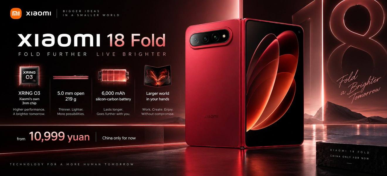 The Xiaomi 18 Fold in red, open and closed, with XRING O3, 5.0 mm open, 219 g and a 6,000 mAh battery, from 10,999 yuan