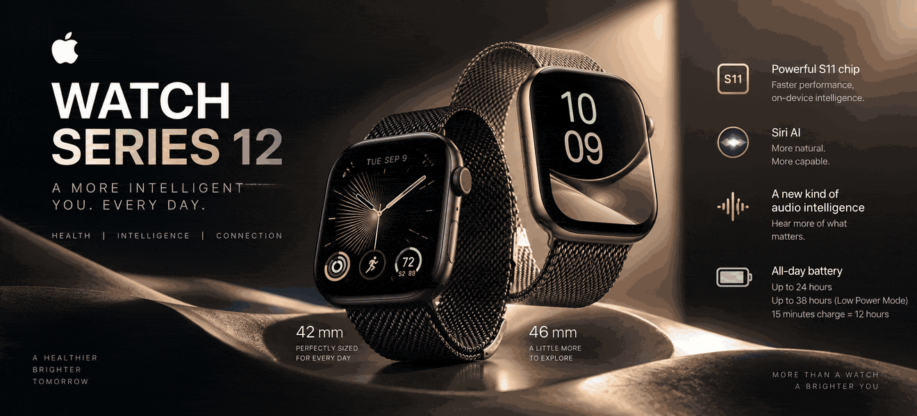 Two panels, six seconds each: Apple Watch Series 12, then AirPods 5. CAL Signal issue B04, 19 September 2026