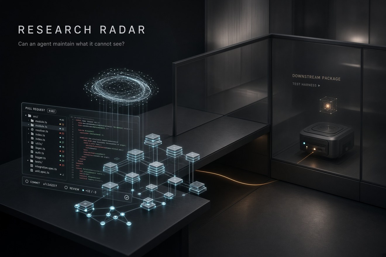 RESEARCH RADAR: Software World — a maintainer agent on a self-hosted forge, with a held-out downstream package sealed in a test harness