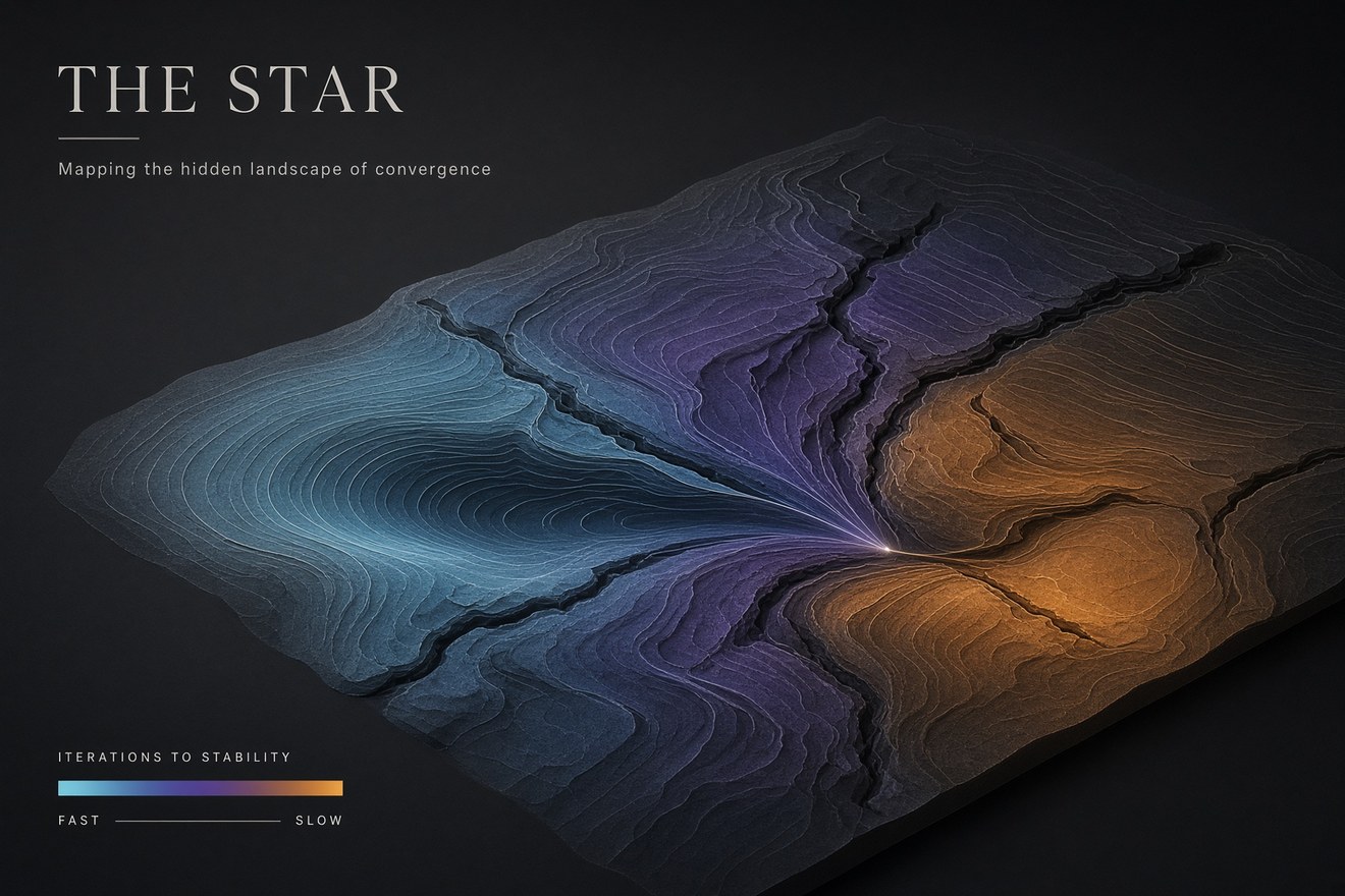 THE STAR: a topographic map of fractal basins in a two-dimensional slice of a reasoning model’s latent state, coloured by iterations to stability. Gilpin Lab, UT Austin, arXiv 2609.04963