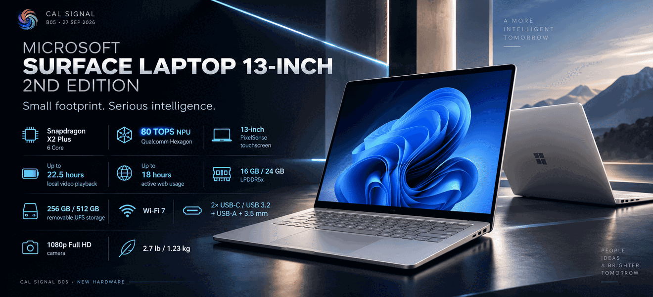 Two panels, five seconds each: the Microsoft Surface Laptop 13-inch 2nd Edition, then the Surface Pro 12-inch 2nd Edition, each with a spec card — Snapdragon X2 Plus, 80 TOPS NPU, PixelSense touchscreen. CAL Signal issue B05, 27 September 2026