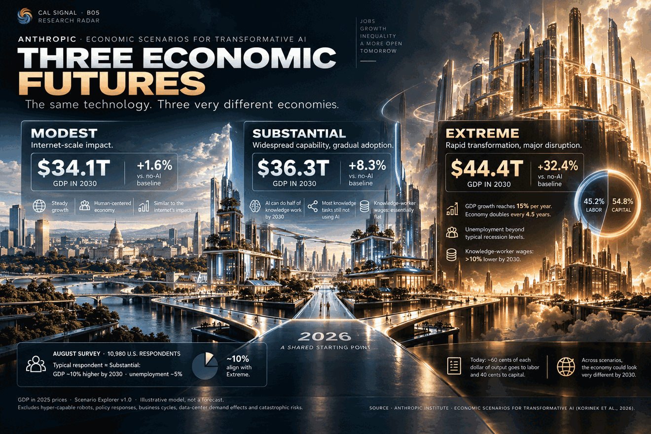 RESEARCH RADAR: two panels of the Anthropic Economic Scenarios for Transformative AI explorer — Modest $34.1 trillion and +1.6%, Substantial $36.3 trillion and +8.3%, Extreme $44.4 trillion and +32.4% GDP in 2030 against a no-AI baseline, over a city skyline