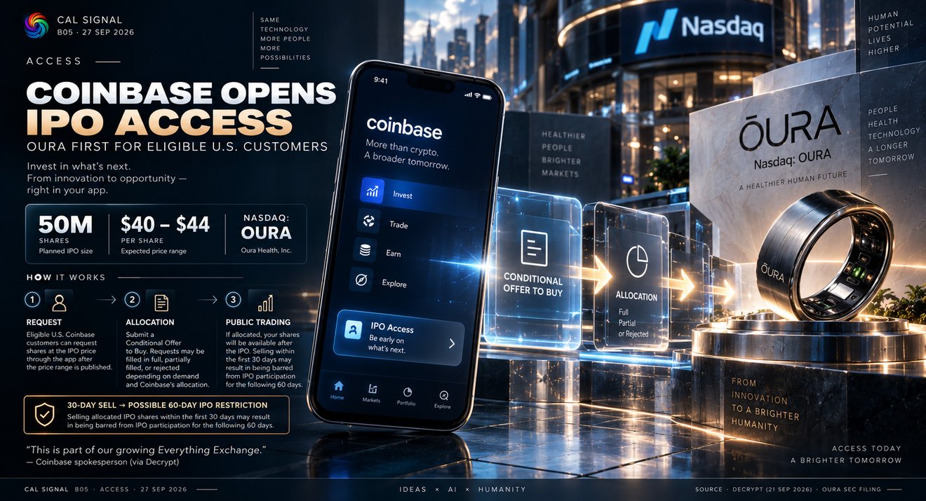 ACCESS: Coinbase opens IPO access, Oura first for eligible US customers — 50 million shares, a $40 to $44 price range, Nasdaq ticker OURA — with the in-app request, allocation and public-trading steps and the 30-day selling restriction