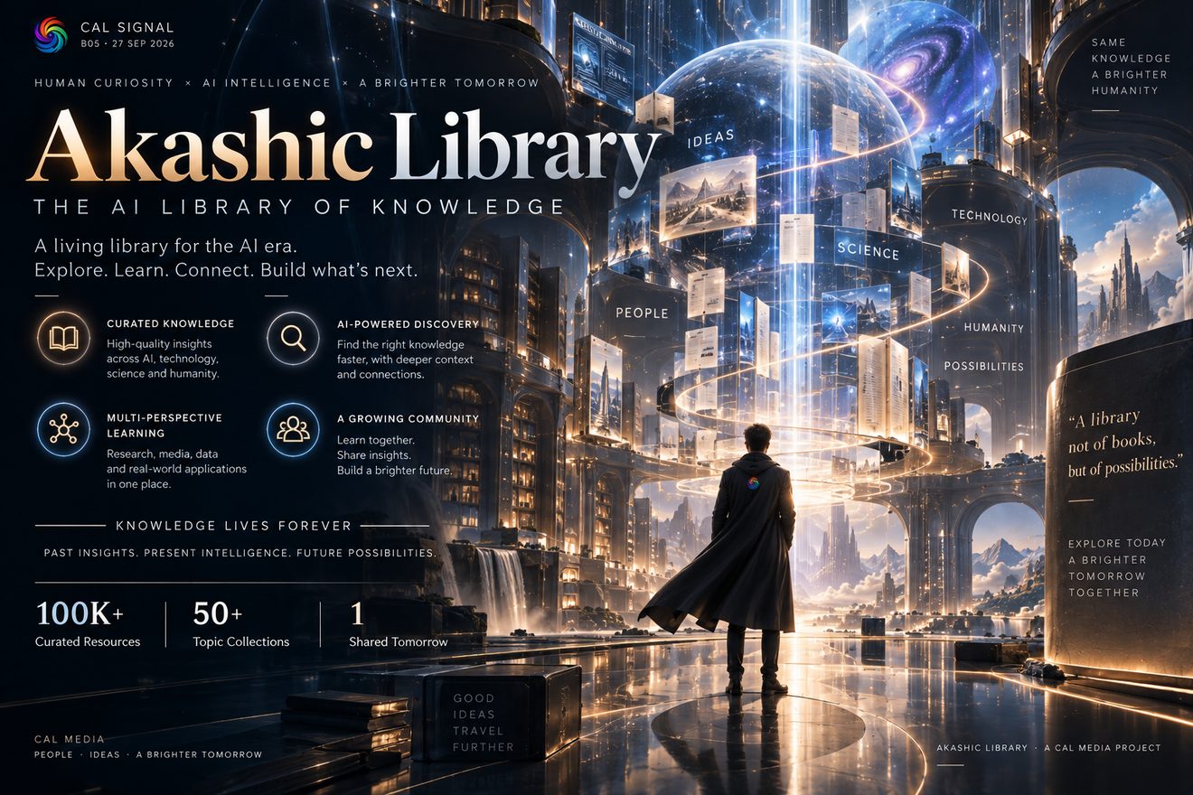 Akashic Library, the AI library of knowledge: a figure looking into a vaulted hall of light, with curated knowledge, AI-powered discovery, multi-perspective learning and a growing community — 100K+ curated resources, 50+ topic collections