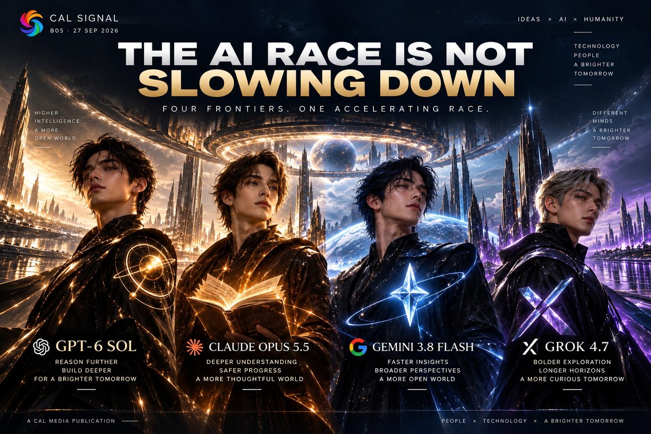 Cover: four robed figures side by side against a lit future city, each carrying the emblem of a lab — GPT-5.6 Sol, Claude Opus 5.5, Gemini 3.8 Flash and Grok 4.7. Headline — THE AI RACE IS NOT SLOWING DOWN. CAL Signal issue B05, 27 September 2026