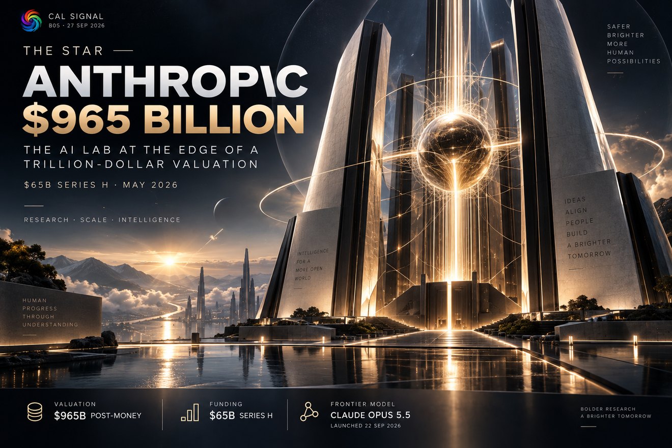 THE STAR: Anthropic drawn as a lit stone campus at dusk, with the figures $965 billion post-money valuation, a $65 billion Series H of May 2026, and the frontier model Claude Opus 5.5 launched 22 September 2026